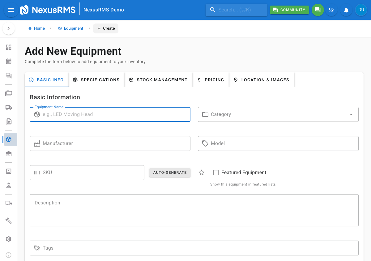 Equipment creation wizard showing the Basic Info tab with name, category, manufacturer, model, SKU, and description fields