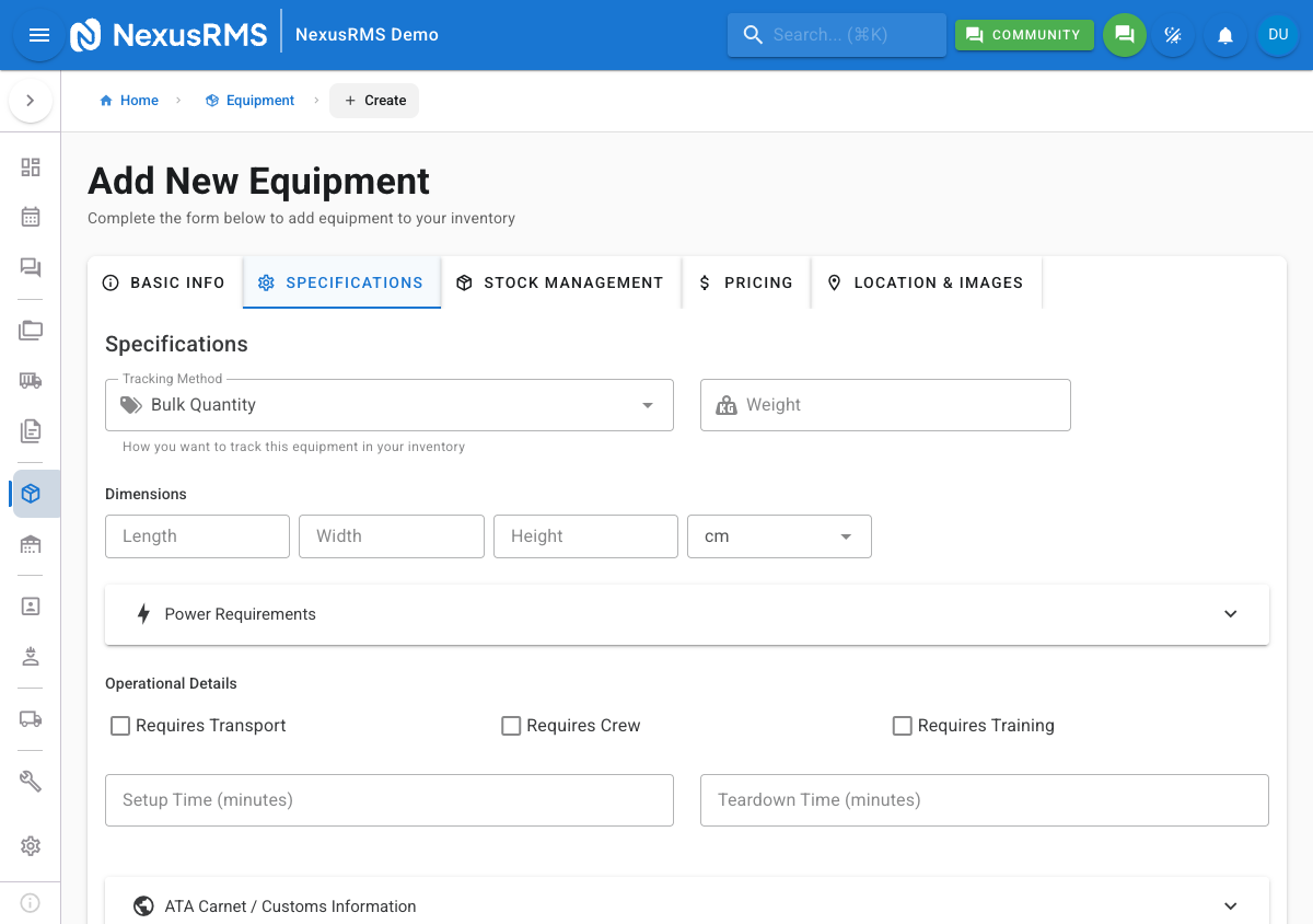 Equipment creation Specifications tab showing tracking method, physical attributes, power requirements, and operational details