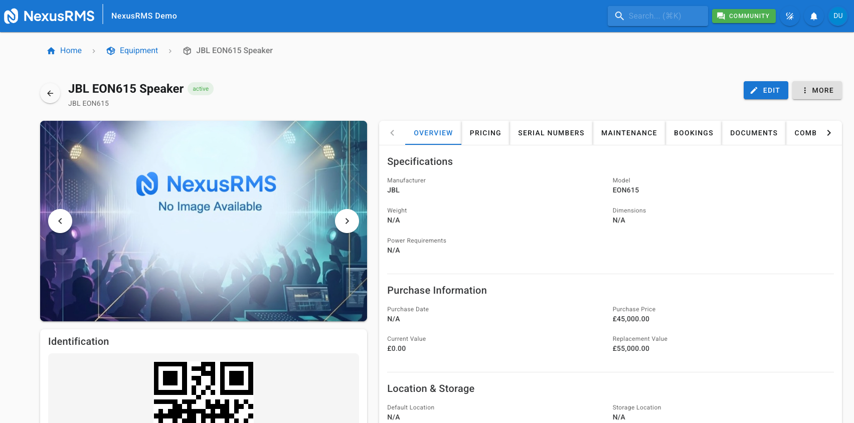 Equipment Detail page showing the Overview tab with image carousel, QR code, specifications, availability breakdown, and recent activity