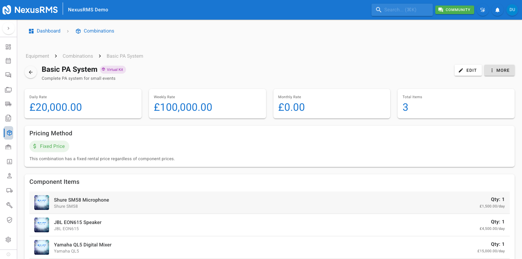 Kit Builder interface showing the equipment library on the left with category folders and search, and the kit contents panel on the right with dragged items, quantities, and configuration options