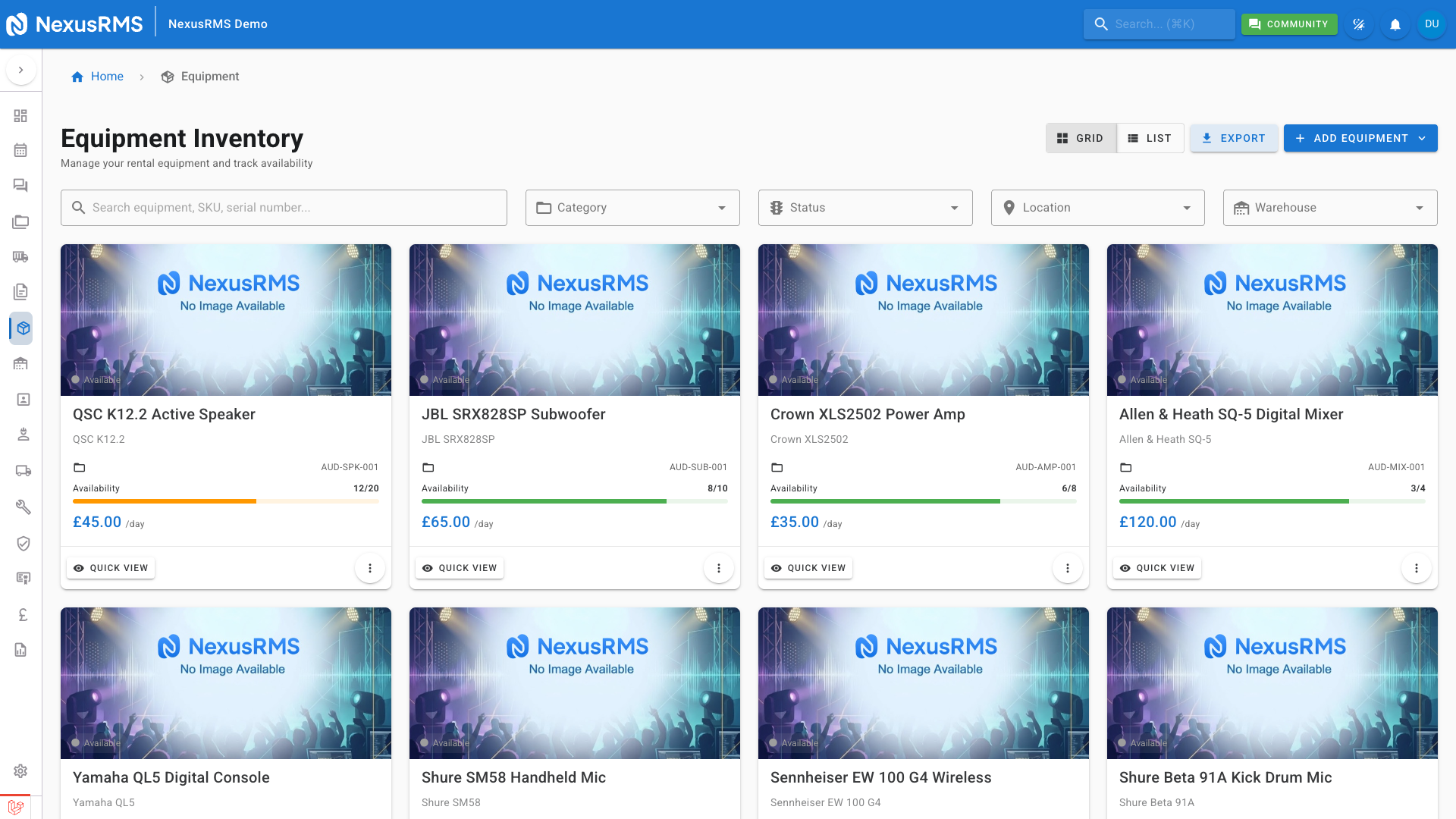Sidebar navigation with the Equipment menu expanded showing Equipment List, Categories, Combinations, Scanner, and Sale Items