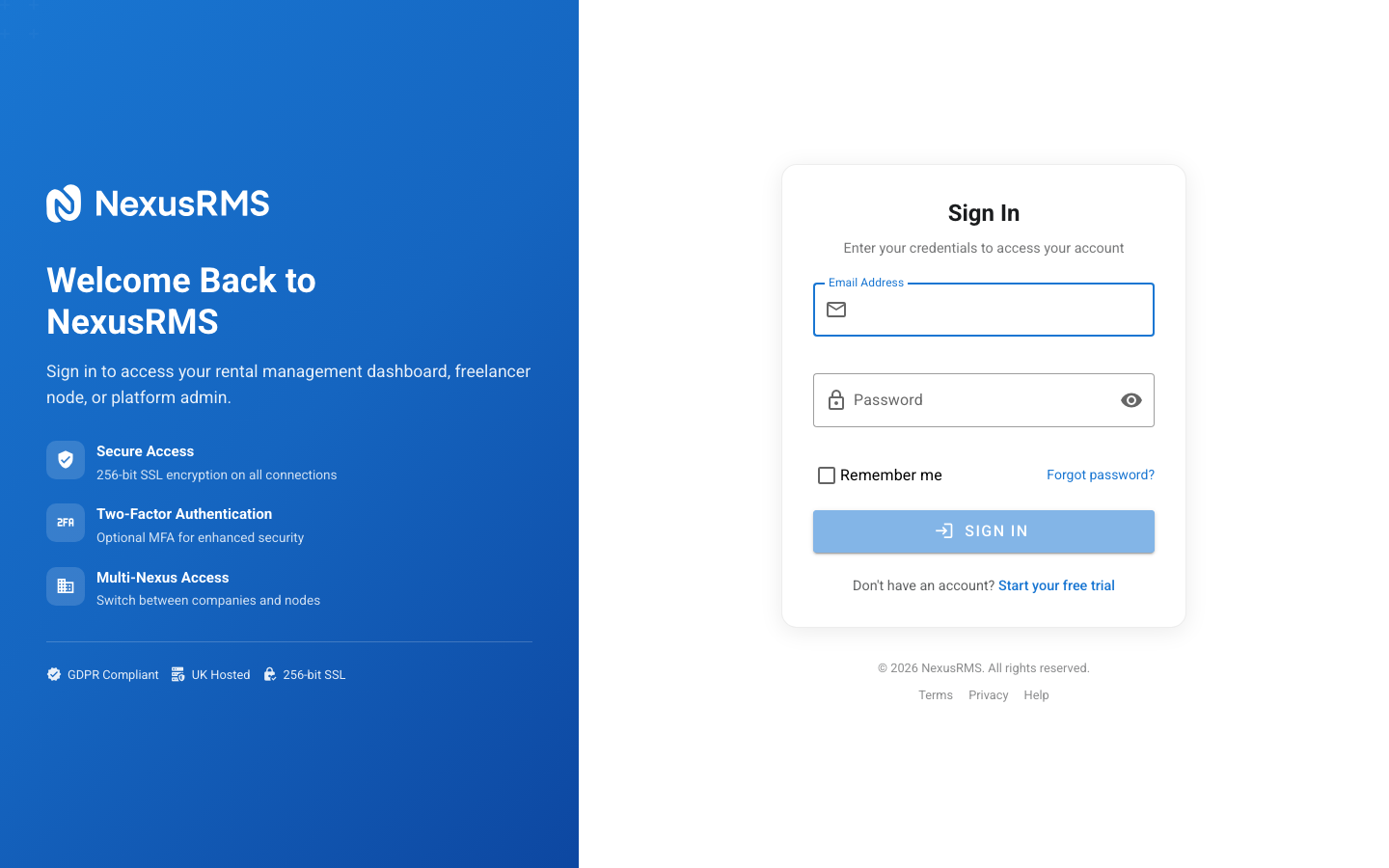 Login screen for a newly provisioned workspace