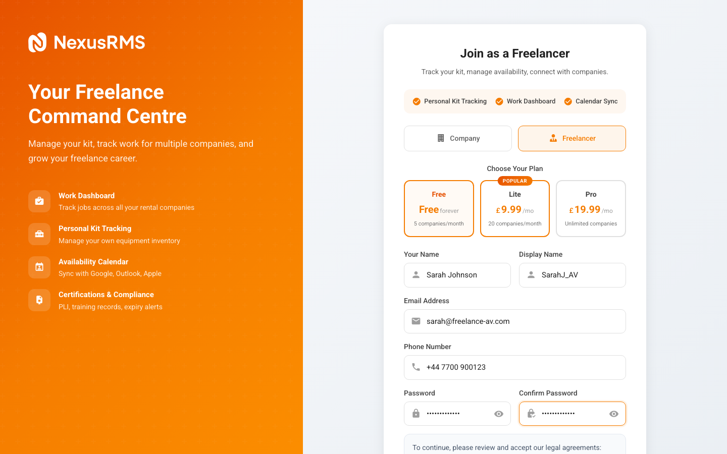 Freelancer profile setup wizard showing professional details