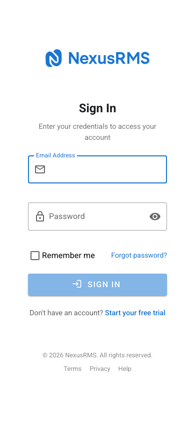 Login screen on mobile