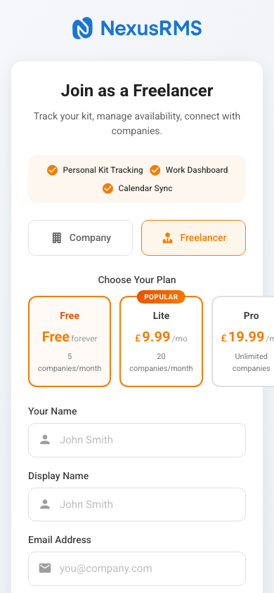 Freelancer registration landing on mobile