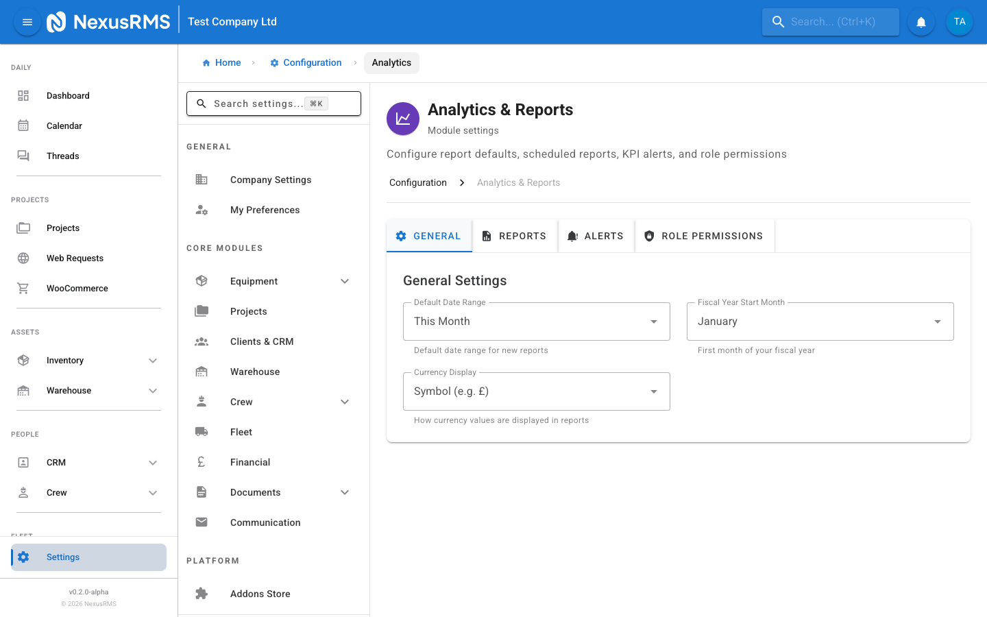 Analytics General tab showing date range, fiscal year, and currency settings