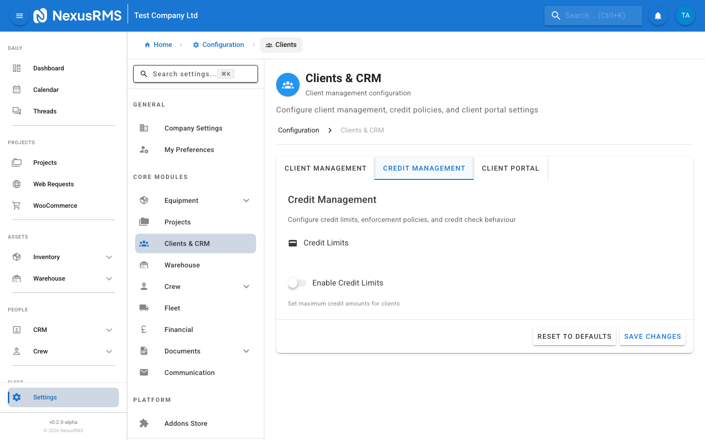 Client Settings Credit Management tab showing enable credit limits toggle, default credit limit input, enforcement mode selector, credit check on quotes toggle, and credit check on bookings toggle