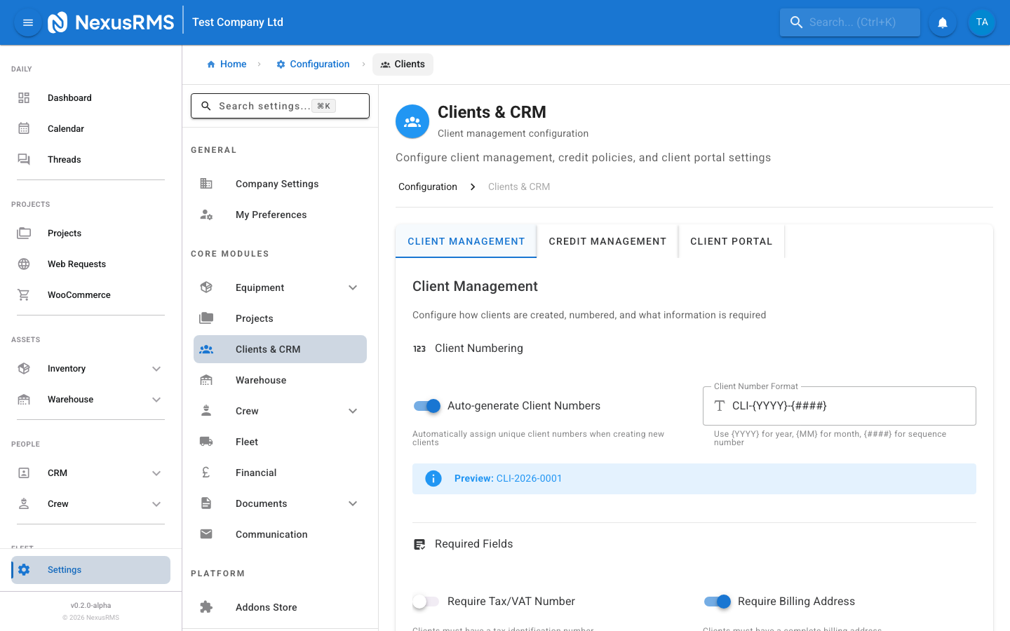Client Settings Client Management tab showing auto-generate toggle, client number format with placeholders, preview, require tax number toggle, require billing address toggle, and allow multiple contacts toggle