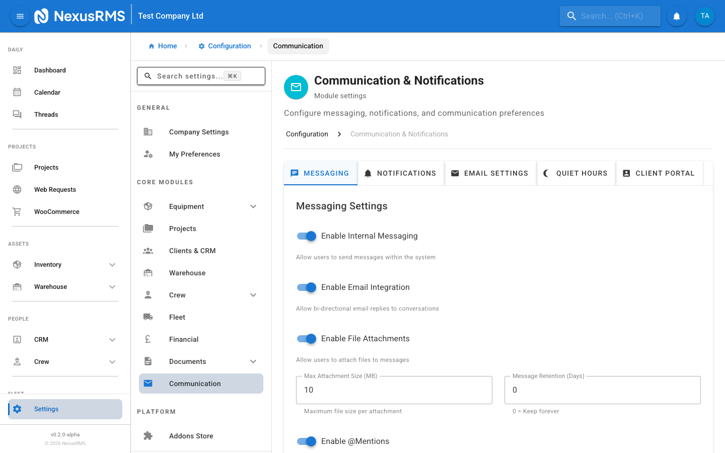 Messaging tab showing internal and external messaging settings