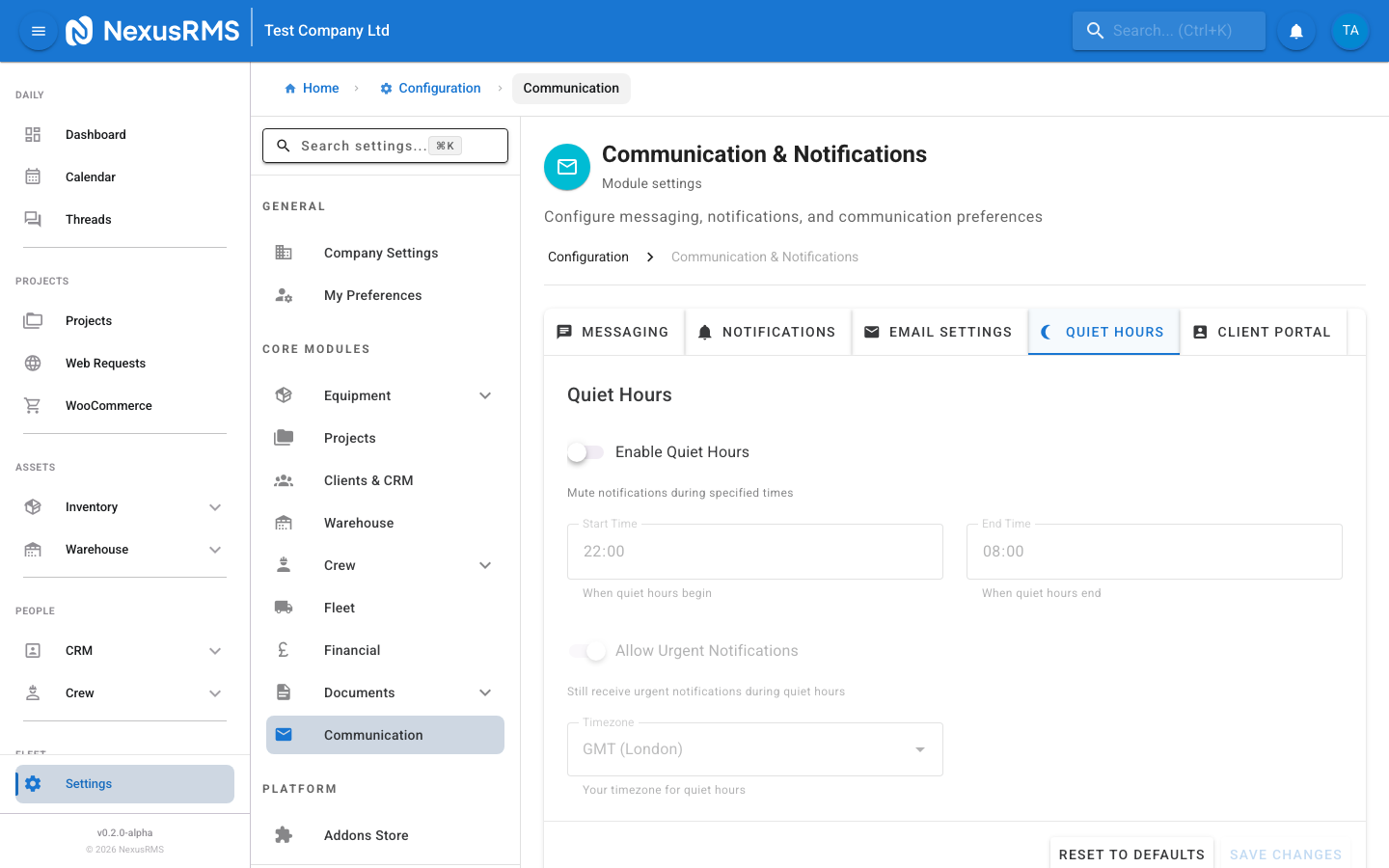 Quiet Hours tab showing time windows and override settings