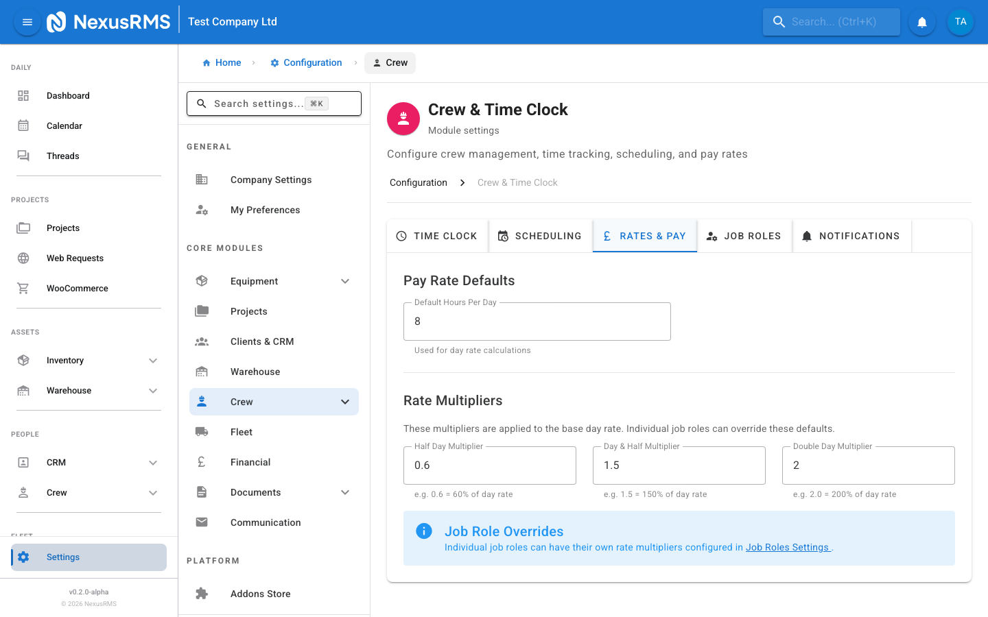 Rates and Pay tab showing hourly rates, overtime multipliers, and allowances