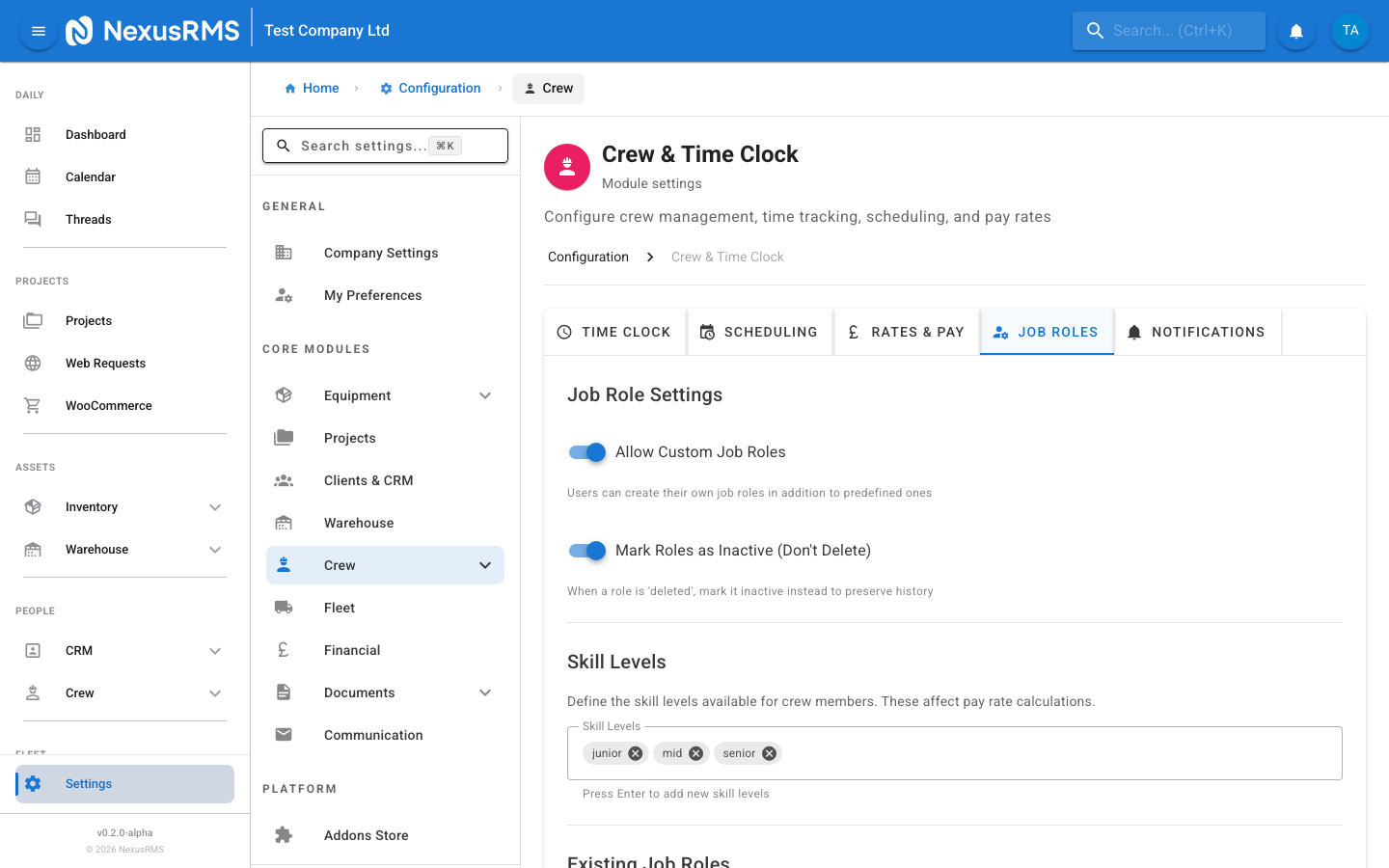Job Roles tab showing the roles list with skills and certifications