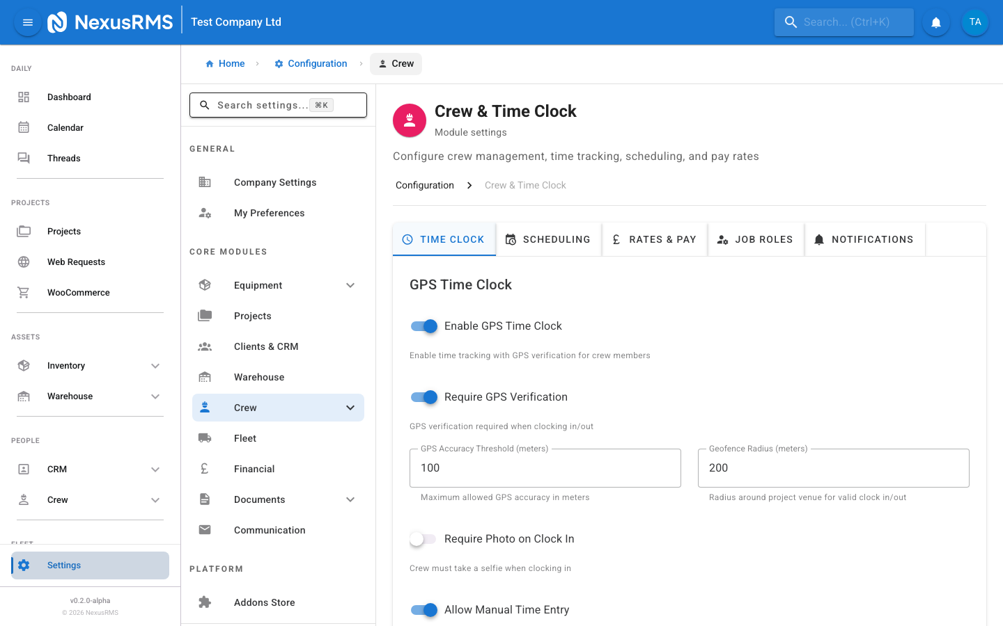 Time Clock tab showing GPS settings, auto clock-out, and rounding options