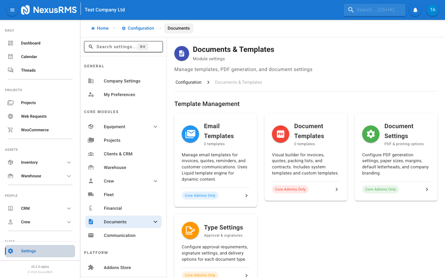 Documents and Templates settings hub showing five management cards in a grid layout