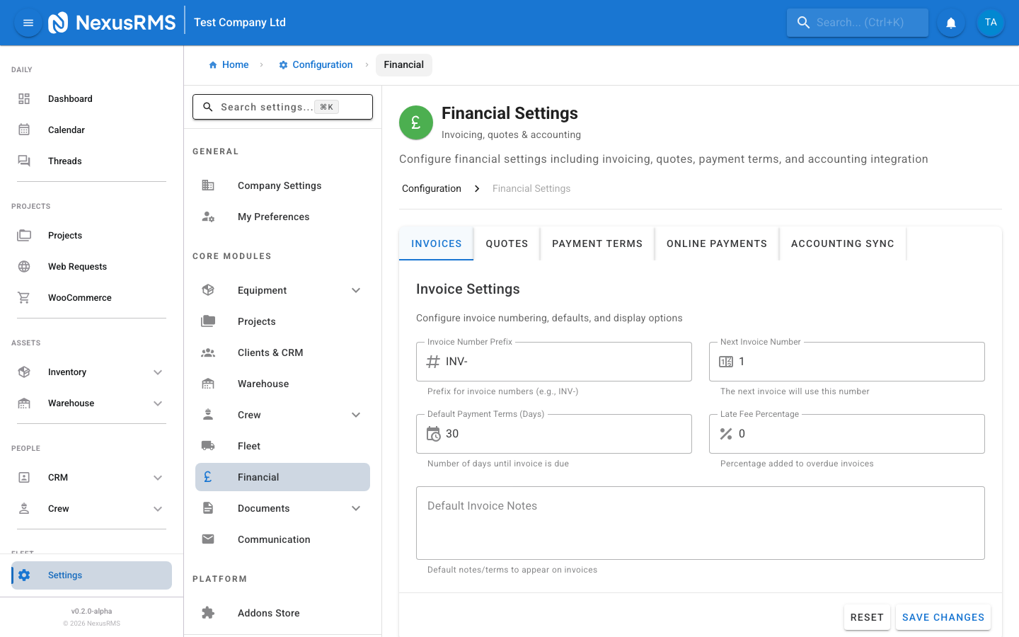 Financial Settings Invoices tab showing invoice number prefix, next invoice number, payment terms days, late fee percentage, and default invoice notes textarea