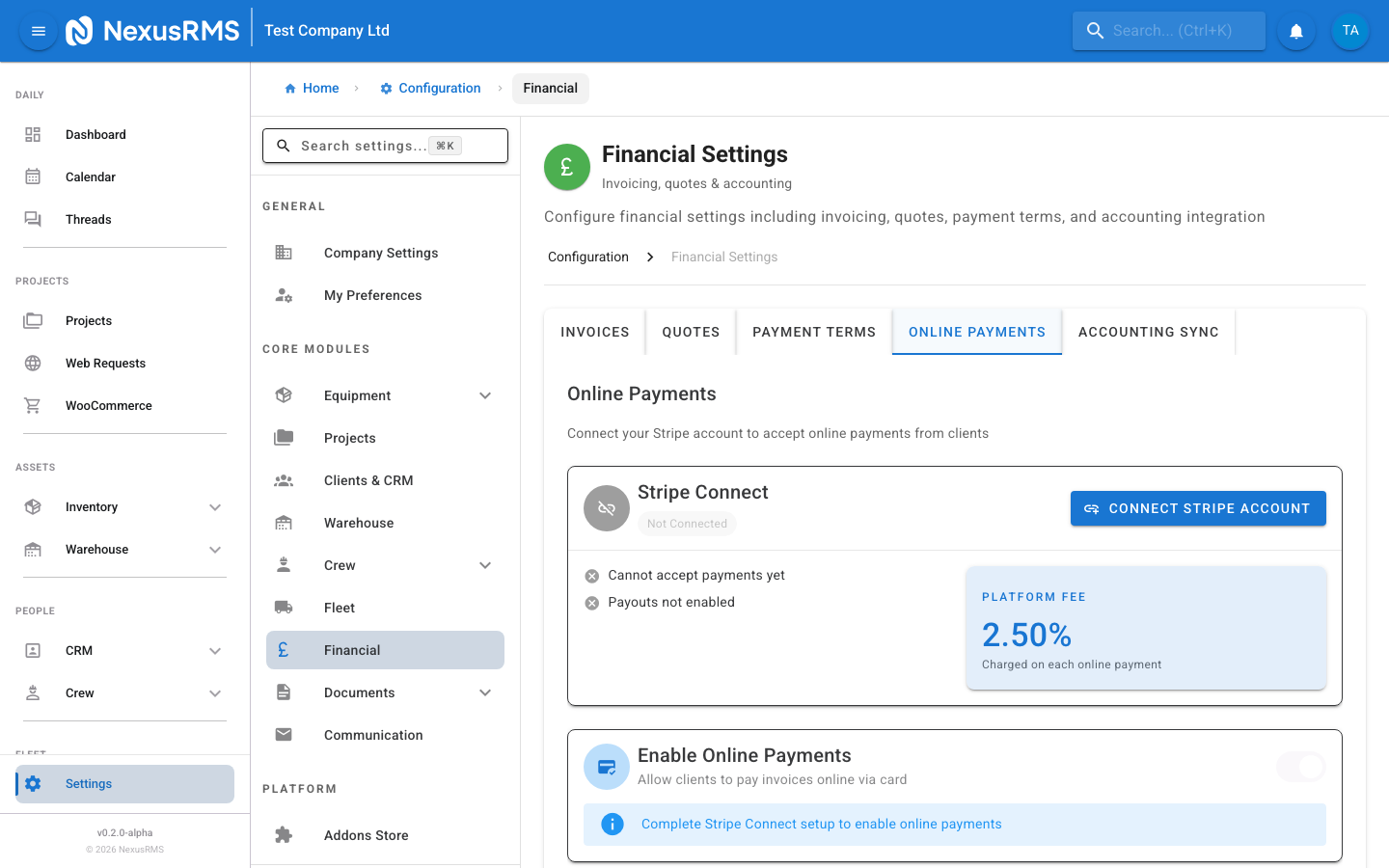 Financial Settings Payment Terms tab showing deposit percentage, require deposit toggle, and payment instructions textarea