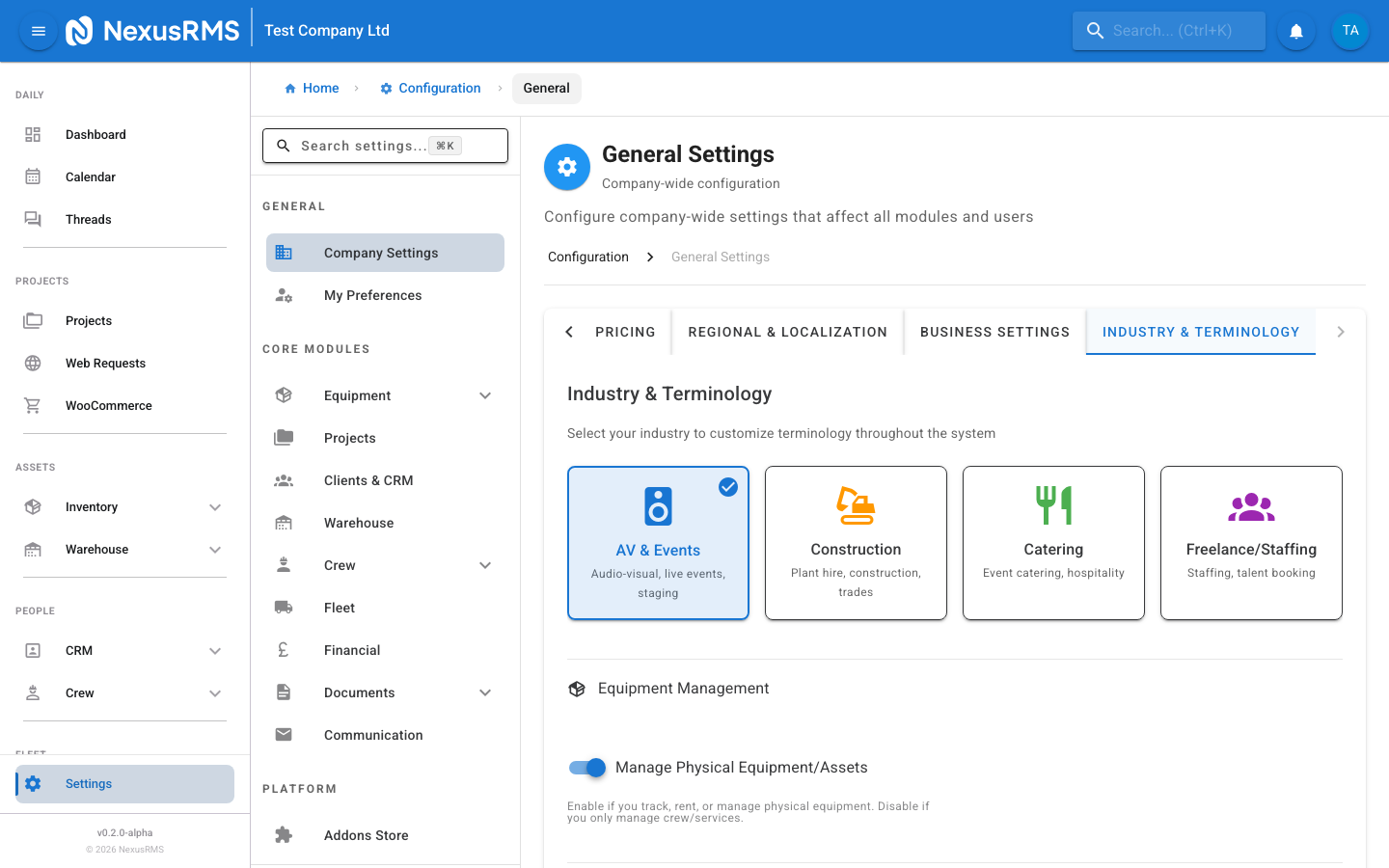General Settings Industry and Terminology tab showing industry selection cards, manage physical equipment toggle, terminology preview table, and re-run setup wizard button
