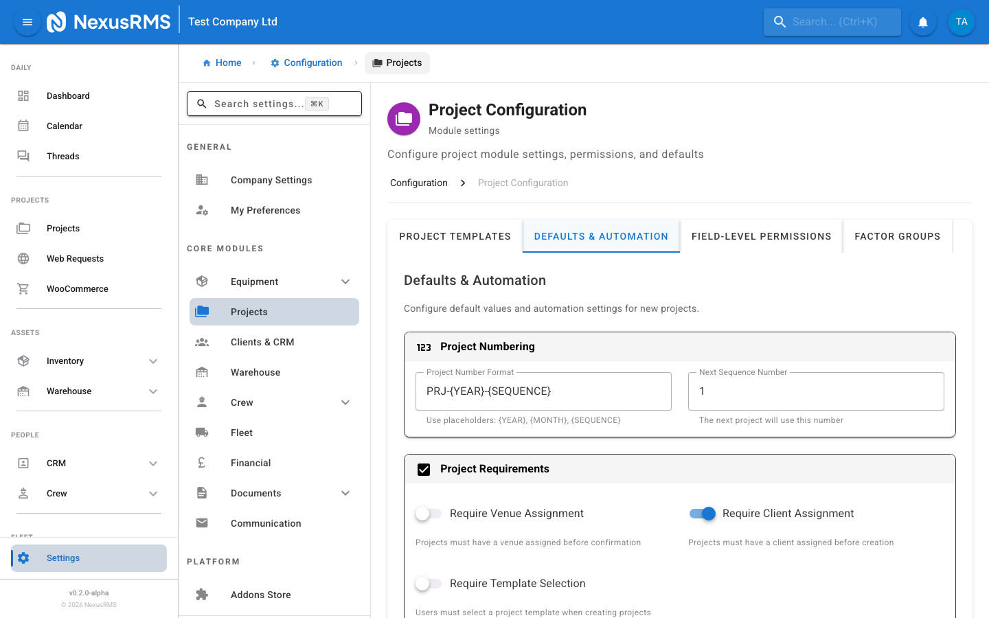 Project Settings Defaults and Automation tab showing project number format, required field toggles, sub-project configuration, auto-archive, default status, AI feature toggles, and recurring project settings