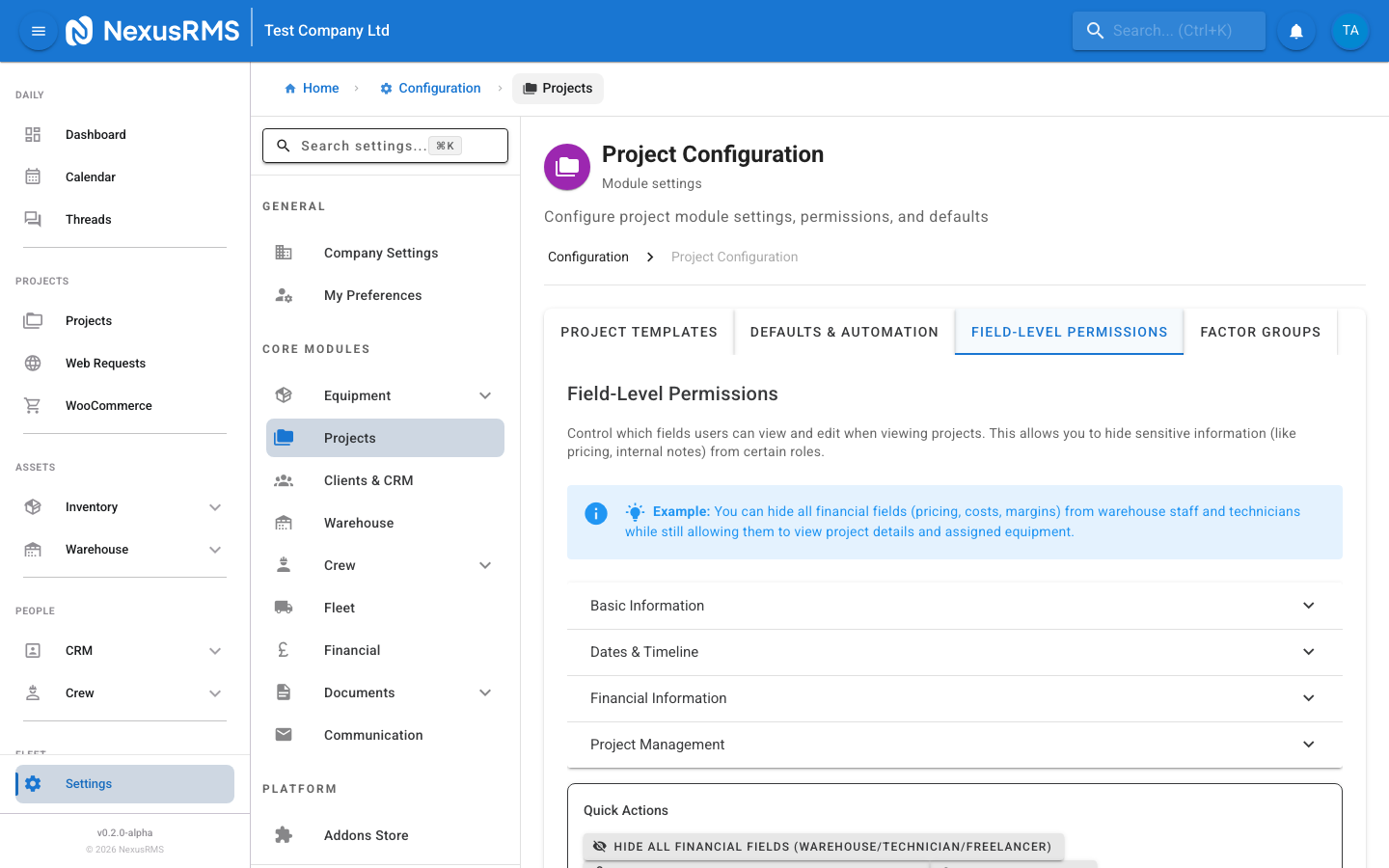 Project Settings Field-Level Permissions tab showing a matrix of roles and field groups with Edit, View Only, and Hidden dropdowns