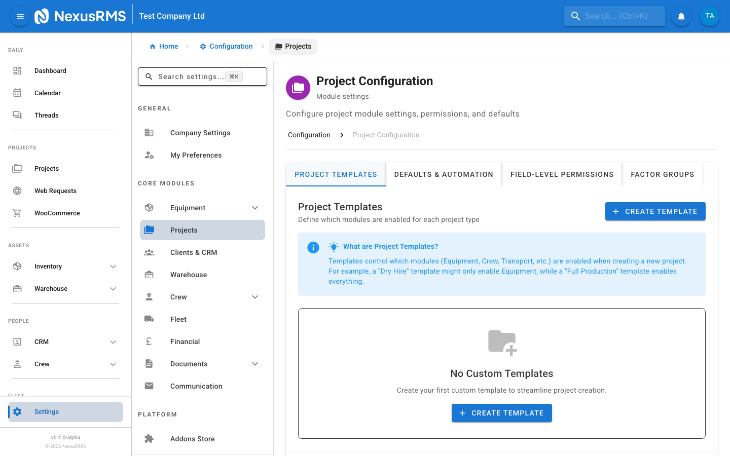 Project Settings Templates tab showing a grid of template cards with module toggles, usage counts, and action buttons