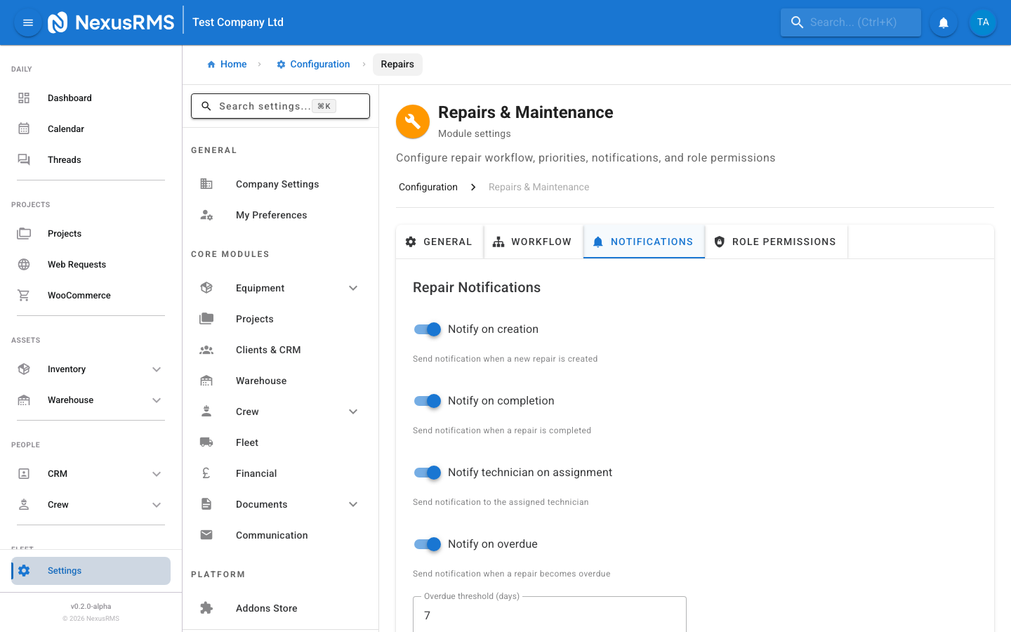 Repairs Notifications tab showing alert types, SLA warnings, and escalation rules