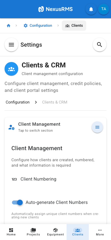 Client Settings Client Management tab on mobile