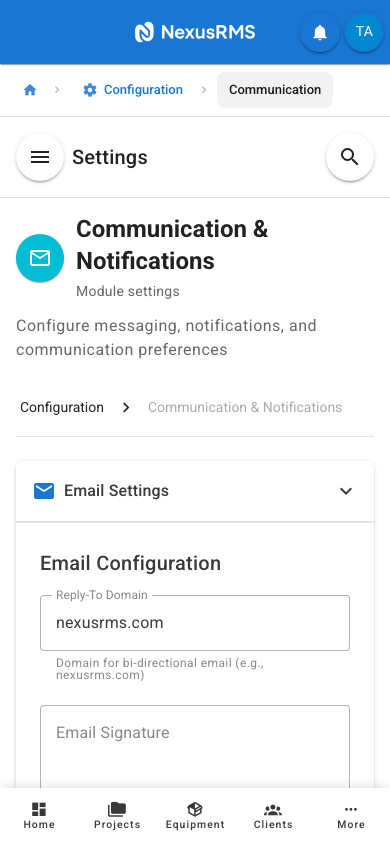 Email Settings tab on mobile