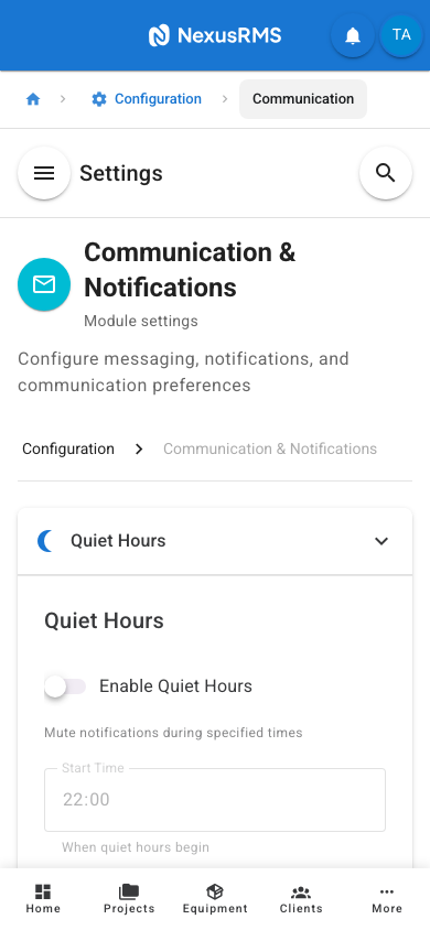 Quiet Hours tab on mobile