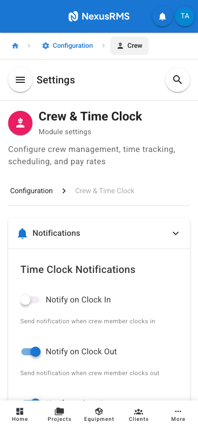 Crew Notifications tab on mobile