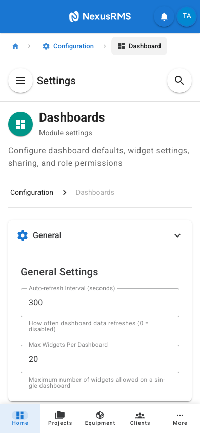 Dashboard General tab on mobile