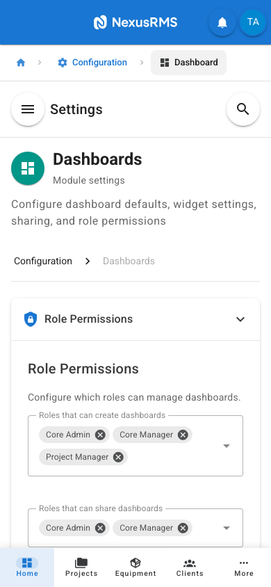 Dashboard Role Permissions tab on mobile