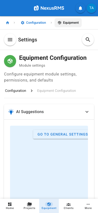 Equipment Settings AI Suggestions tab on mobile