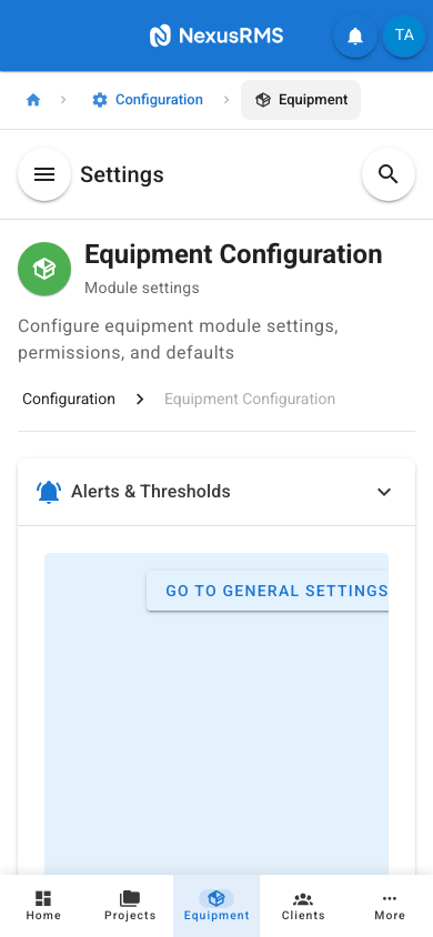 Equipment Settings Alerts and Thresholds tab on mobile