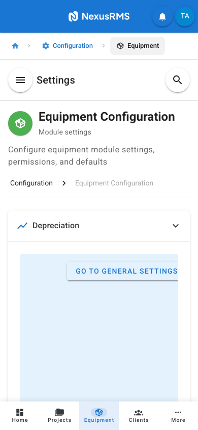 Equipment Settings Depreciation tab on mobile