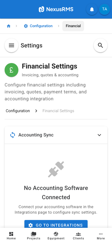 Financial Settings Accounting Sync tab on mobile