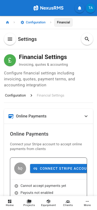 Financial Settings Online Payments tab on mobile