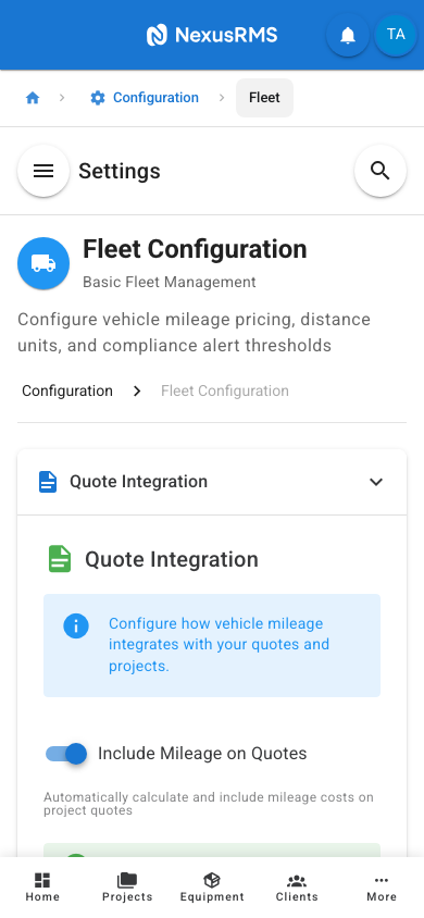 Fleet Settings Quote Integration tab on mobile