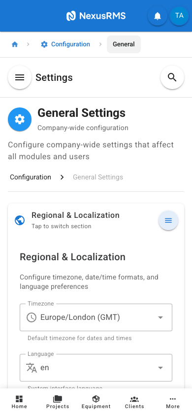 General Settings Regional and Localization tab on mobile