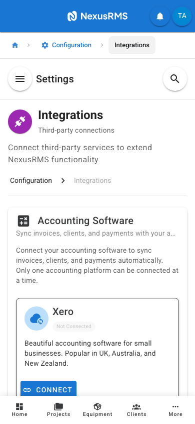 Integrations settings page on mobile showing integration cards in a single column