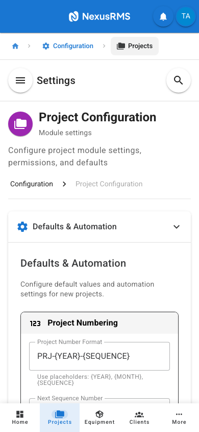 Project Settings Defaults and Automation tab on mobile