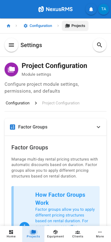 Project Settings Factor Groups tab on mobile
