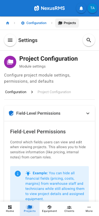 Project Settings Field-Level Permissions tab on mobile