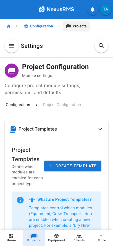 Project Settings Templates tab on mobile
