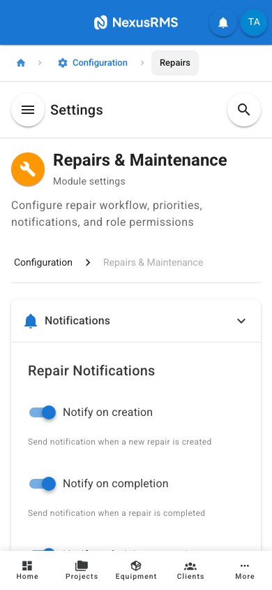 Repairs Notifications tab on mobile