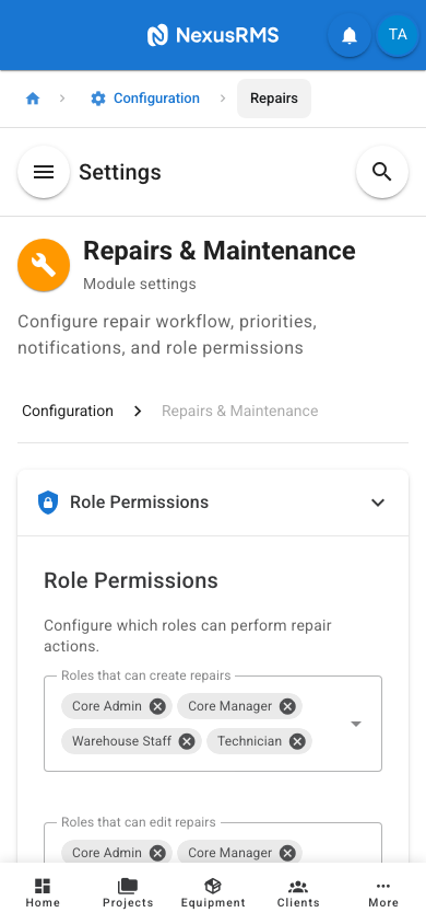 Repairs Role Permissions tab on mobile