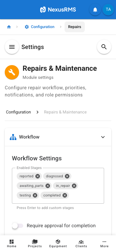 Repairs Workflow tab on mobile