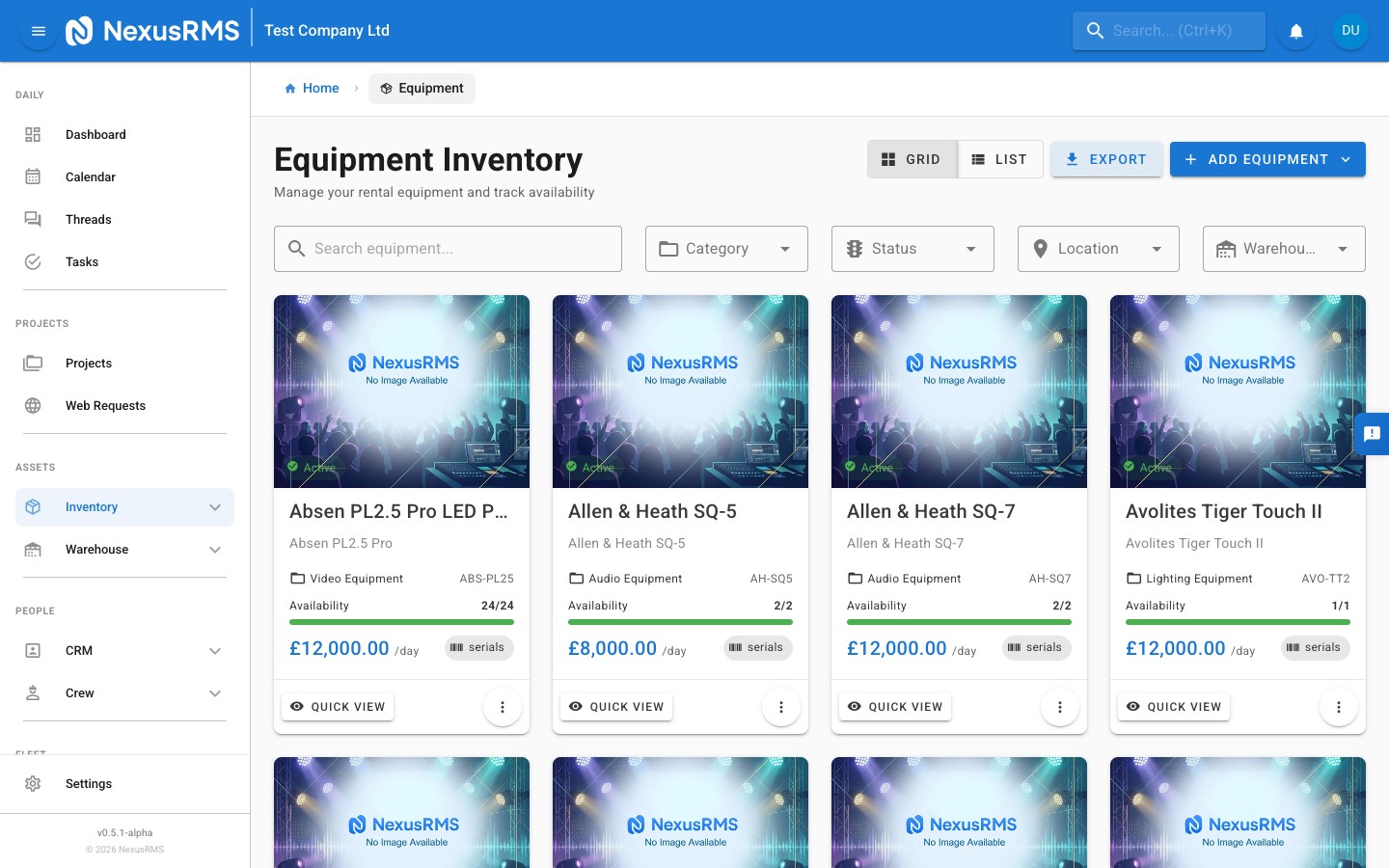 Film Production Equipment Dashboard